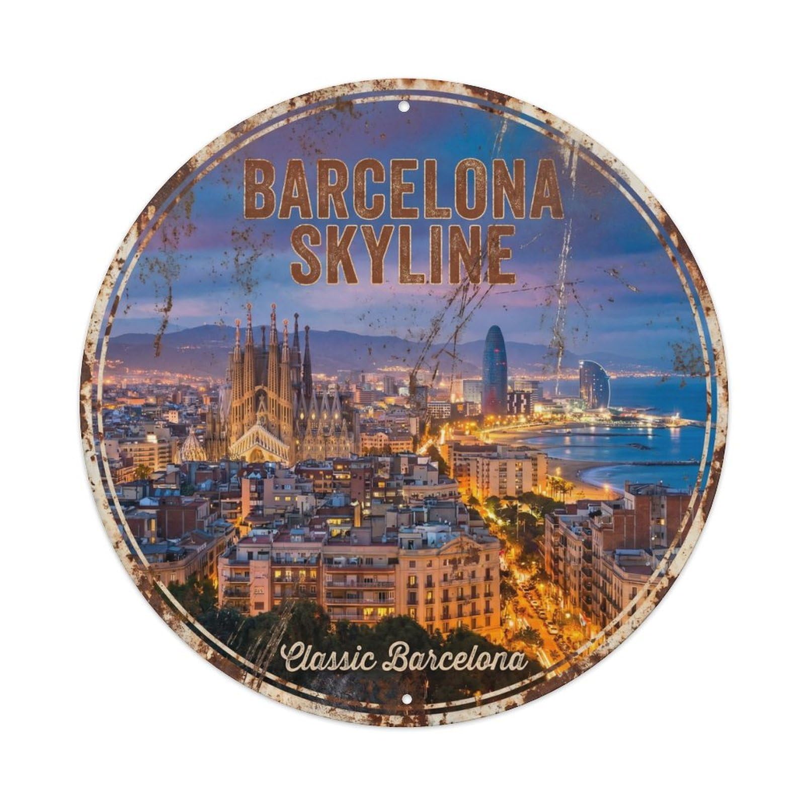 Vintage Travel Barcelona Skyline Spain Panorama Metal Tin Sign Plaque Wall Decor for Cafe, Club, Garden Round Metal Poster 8x8Inch