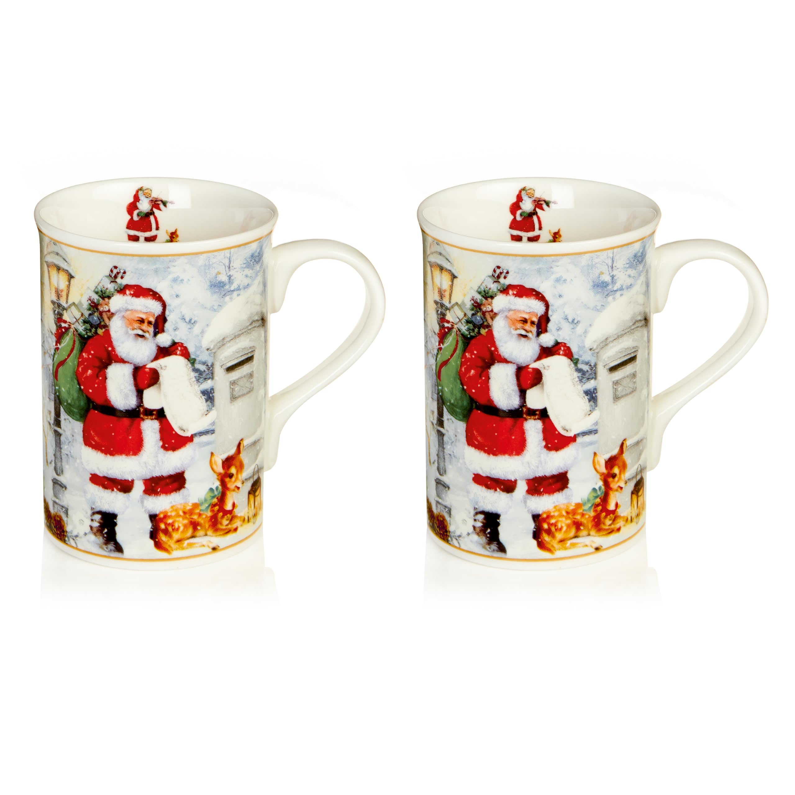 Premier Decorations Set of 2 Traditional Santa Christmas Scene Mugs in Luxury Gift Box, Ceramic, 19cm