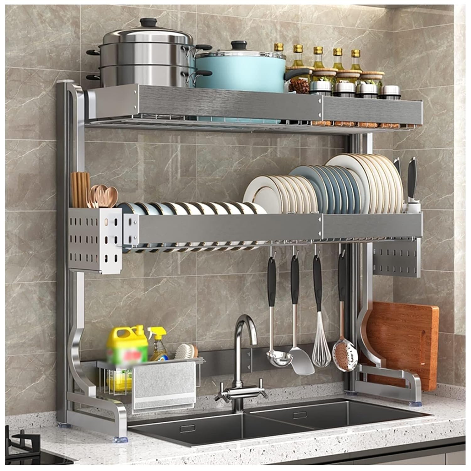 2-Tier Dish Drying Rack for Kitchen Counter Adjustable Stainless Steel Dish Drainer with Utensil Holder Sink Caddy Dark