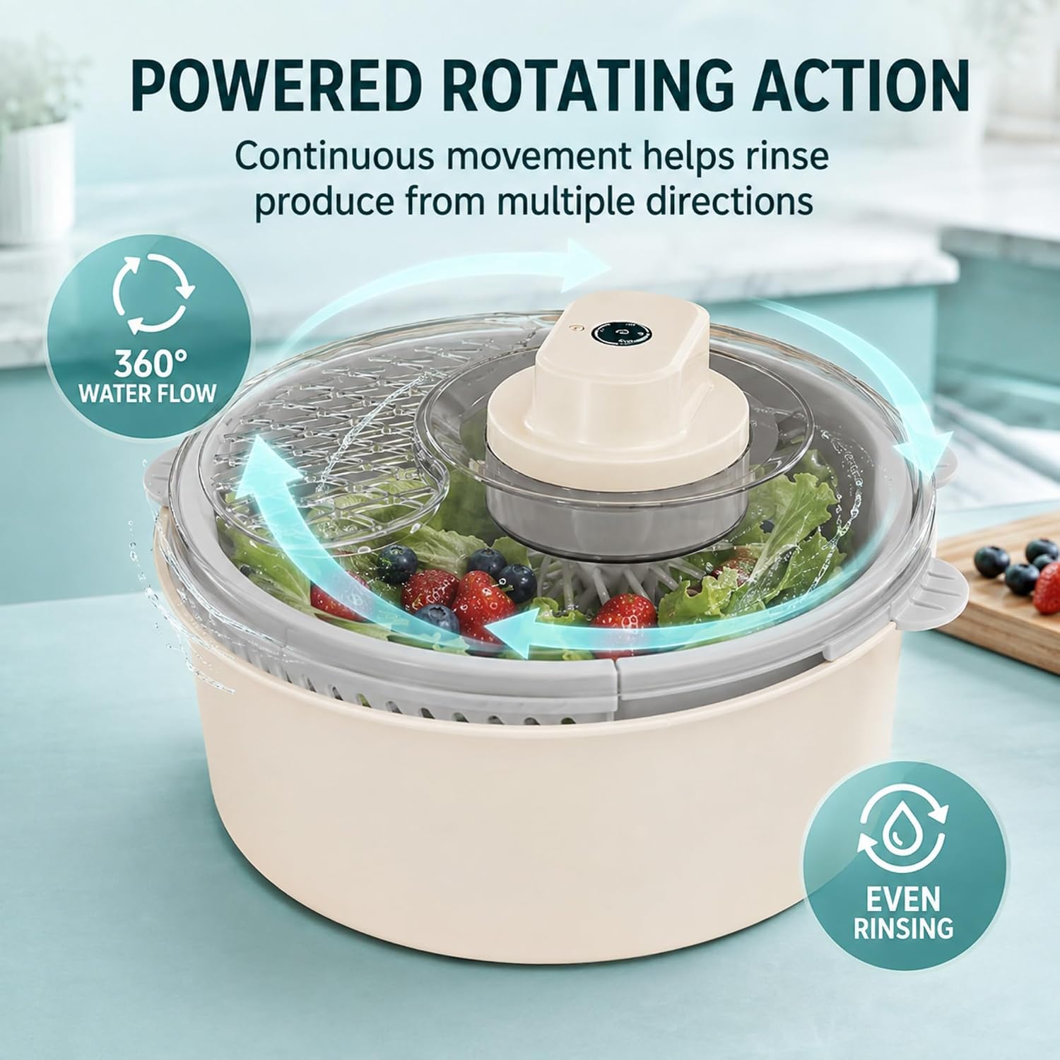 Automatic Fruit Washer with Rotating Drain Basket for Kitchen，Blue