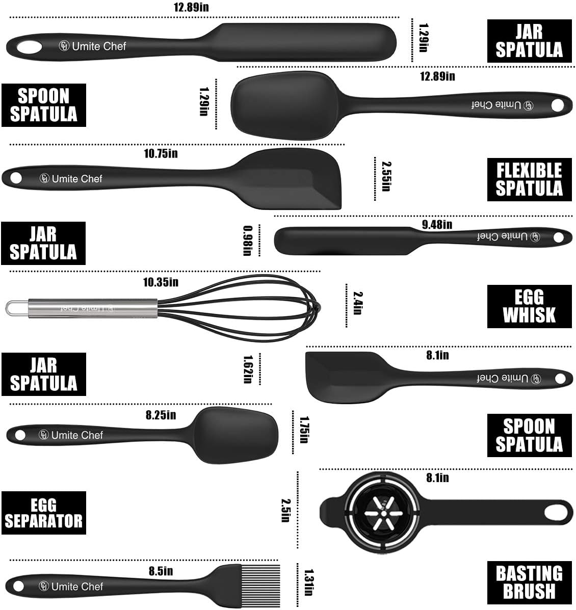 Silicone Spatula Set- 14 Spatulas Silicone Heat Resistant - Mini Rubber Spatula Set by Umite Chef - Cooking Spatulas for Nonstick Cookware - Baking Kitchen Spatula Set - One Piece Design Spoon (Black)