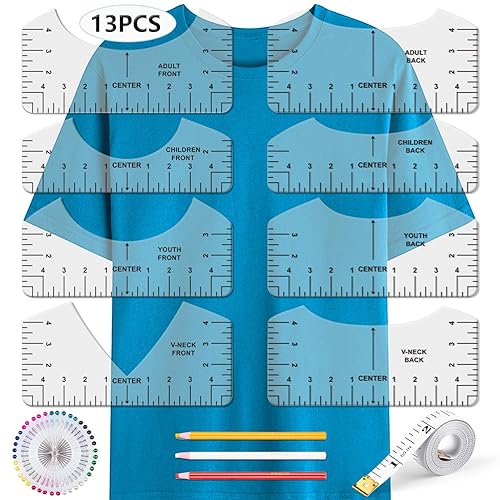 OURJOY - Guía de regla de camisetas para alineación de vinilo, herramienta de alineación de 13 piezas para centrar diseños, suministros de costura