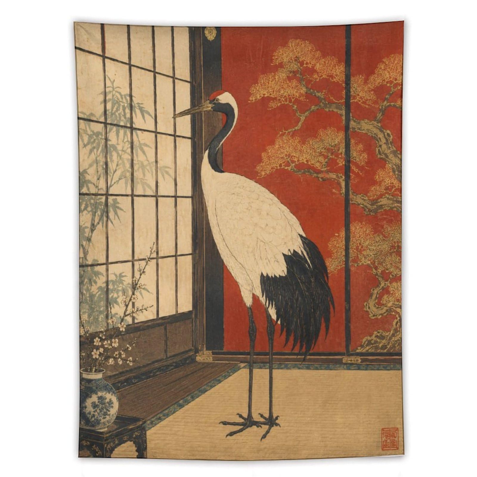 H3B8U2Y5 Crane in Red Room Wall Tapestry, Realistic Illustration Style