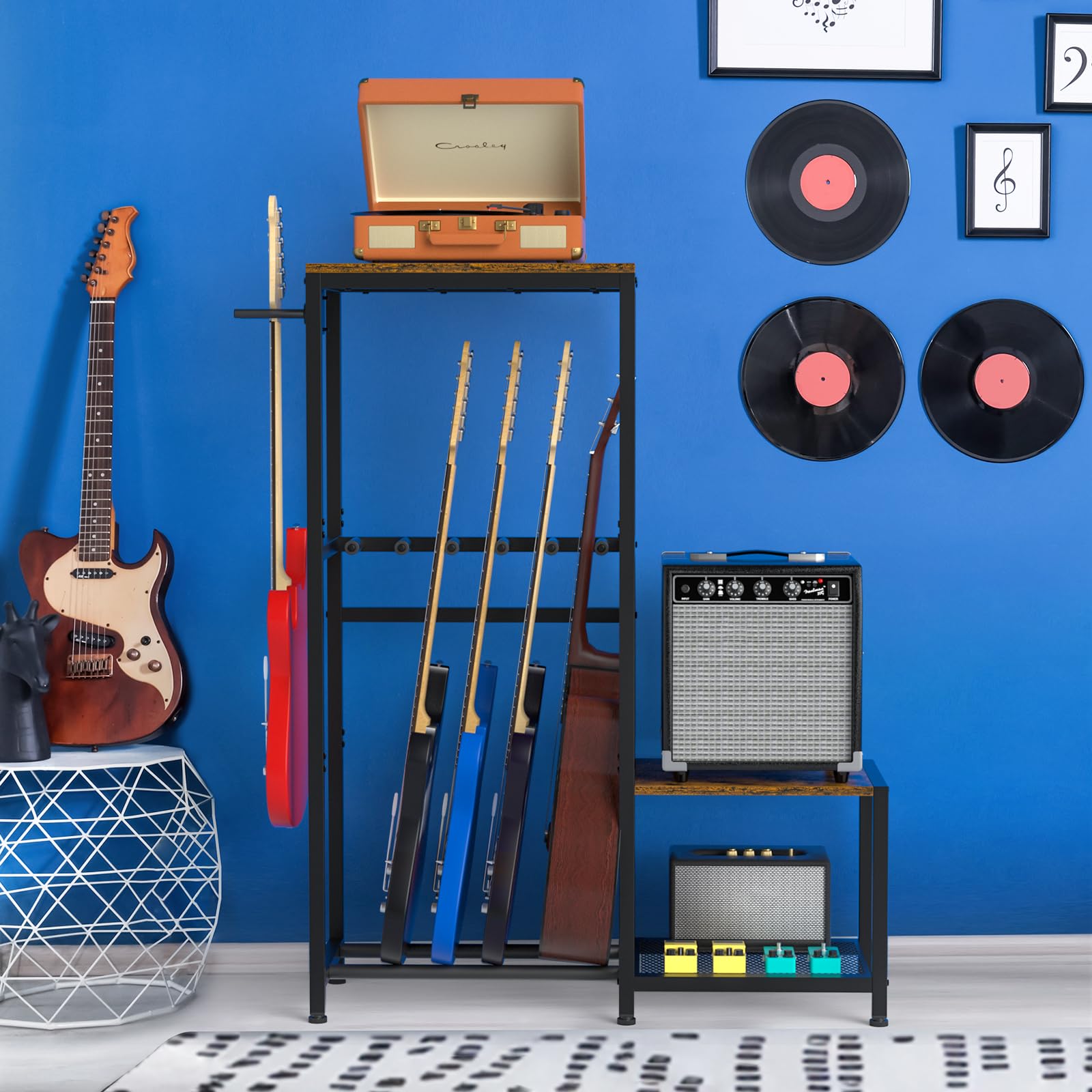 ikkle Soporte de guitarra para soporte acústico, guitarra eléctrica, bajo, ukelele, accesorios de amplificador de guitarra y soporte múltiple para discos de vinilo, con mesa auxiliar para estudio de
