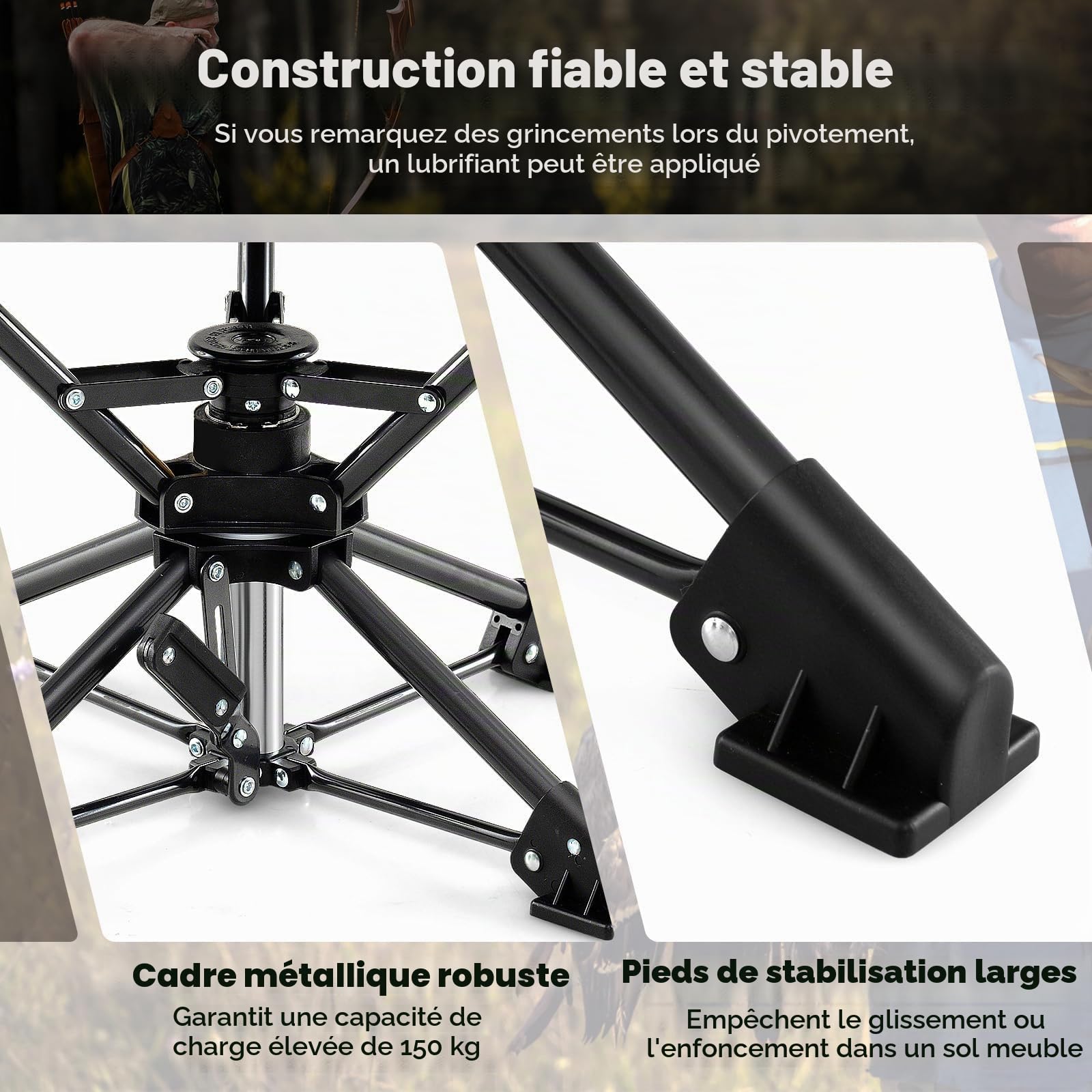 FANTASK Tabouret de Camping Portable avec Pieds Anti-Chute et Sac de Transport, Tabouret Pliable Rotatif à 360 °, pivotant à 360 °, Charge maximale : 150 kg, pour Le Camping, la Chasse et la pêche