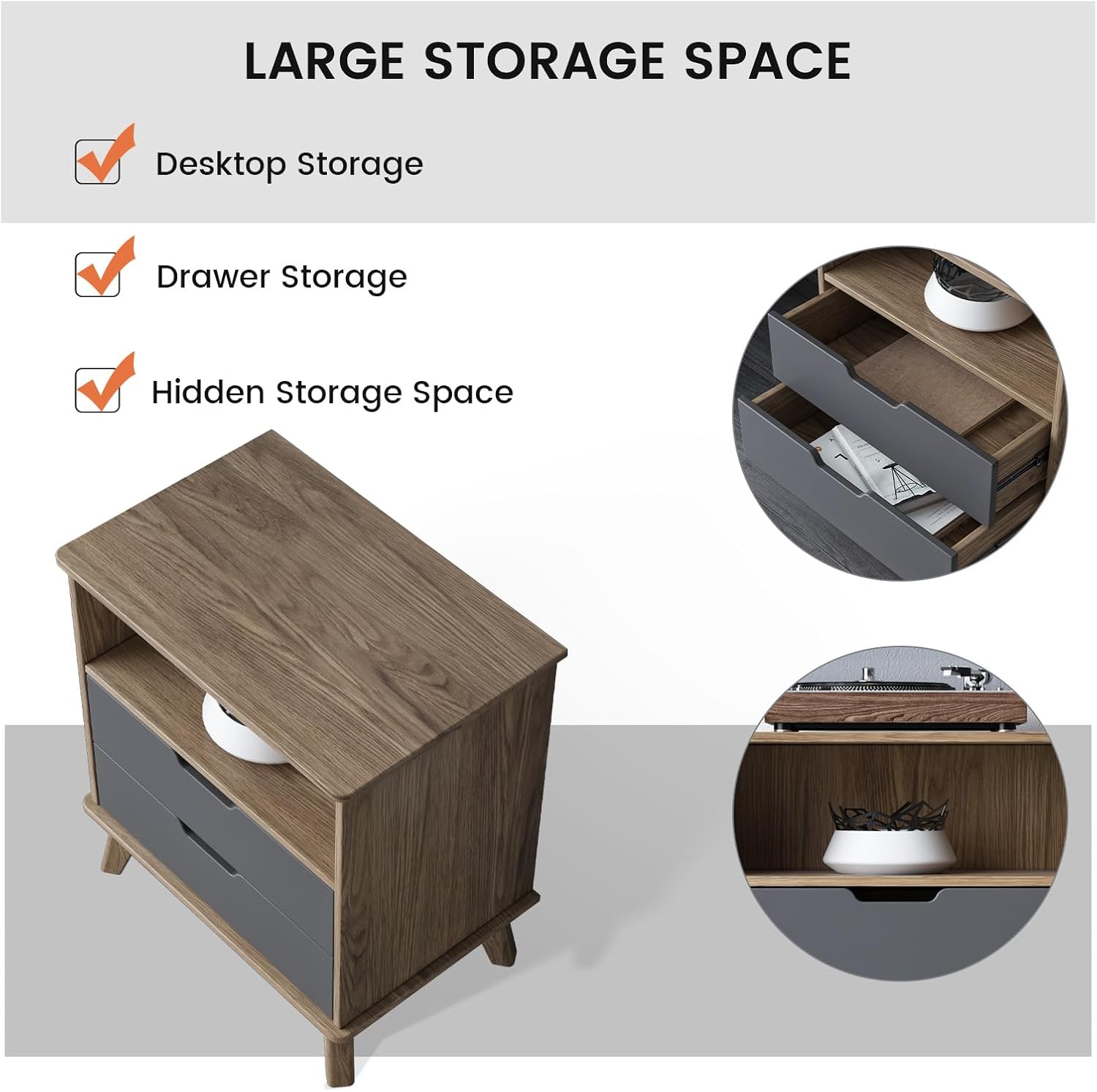 Modern Farmhouse End Table with 2 Drawers & Open Shelf, Narrow Sofa Side Table, 26.18" Hight, Wood Rustic Nightstand Bedside Table for Living Room, Bedroom, Walnut
