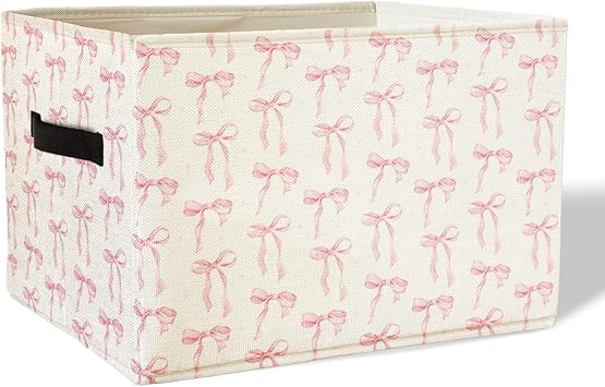 Coquette Pink Bow Storage Basket Bins With Handles for Girls Kids, Pink Bow Decor Foldable Organizer Basket Toybox for Girls Room Nursery Bedroom Bathroom Clothes Toys Books