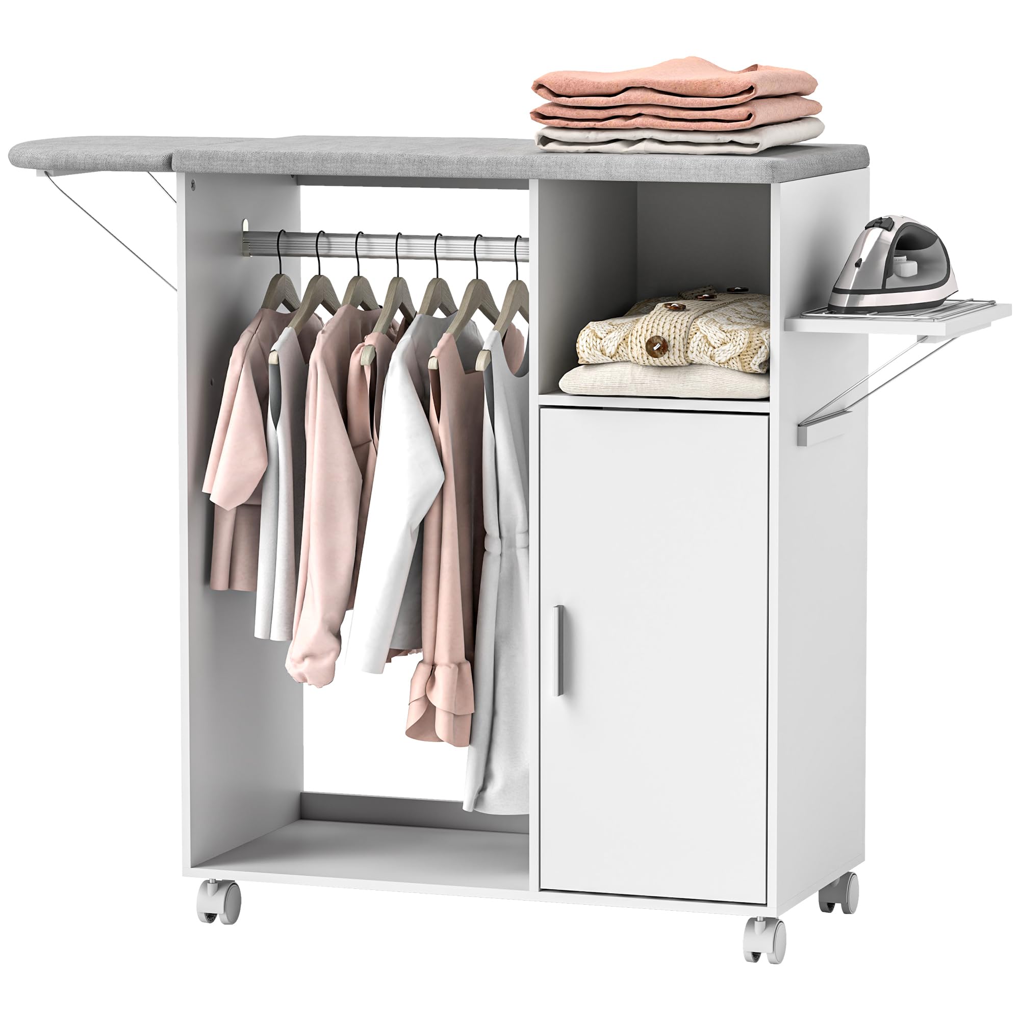 HOMCOM Mueble de Planchar de Madera Mueble de Planchado Tabla de Planchar Plegable con Ruedas Barra para Colgar Ropa Estante Abierto Estantes Ajustables para Sala Dormitorio 127x42,5x99 cm Blanco