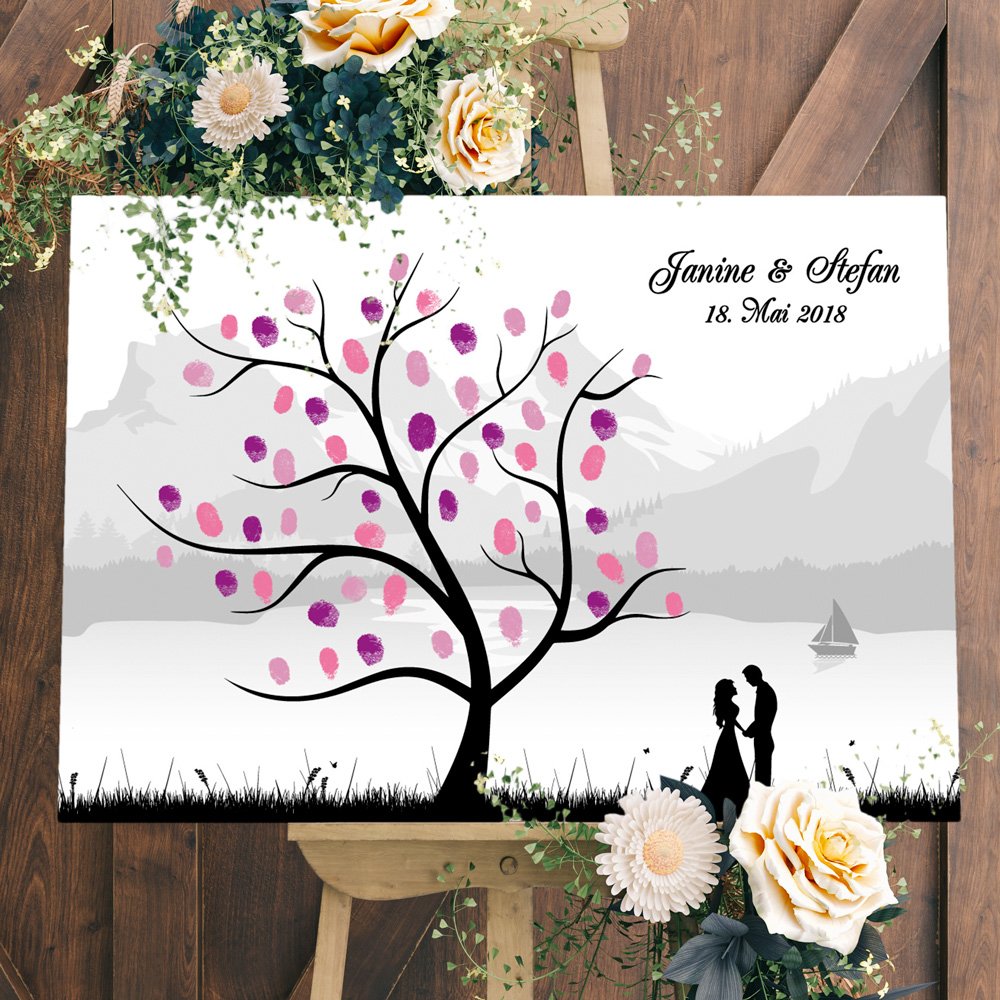 Wedding Tree Gästebuch Leinwand zur Hochzeit - Personalisiert - Fingerabdruckbaum Motiv Skyline See Berge Alpen