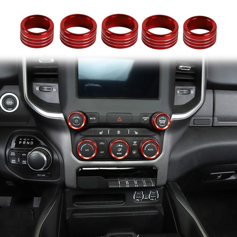 Capas de alumínio para comandos do ar-condicionado, rádio e farol Voodonala para Dodge RAM – 5 unidades vermelhas