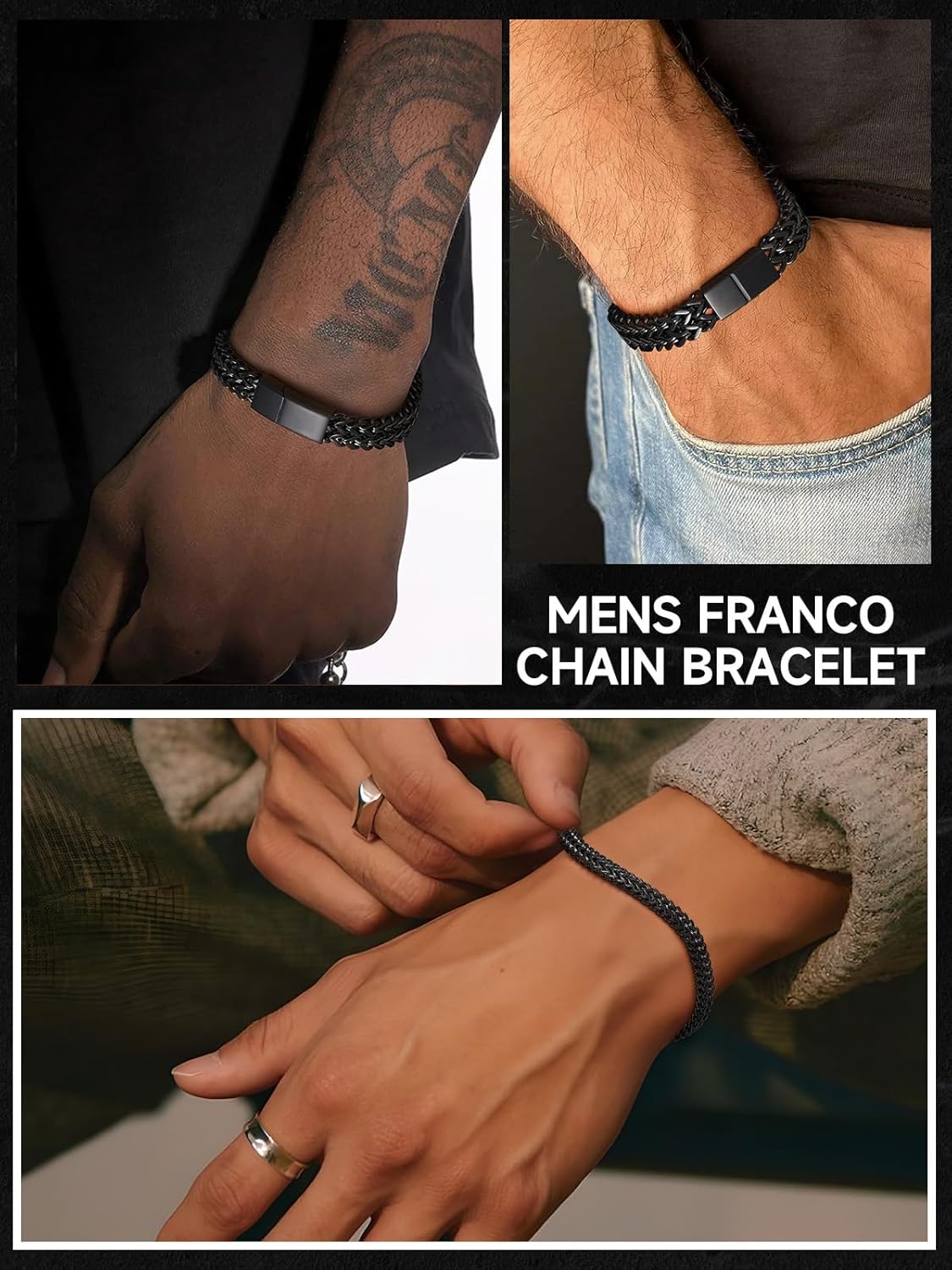 ChainsHouse Black Franco Bracelet for Men, 10mm 21cm Curb Chain Bracelet Ideal Jewelry for Husband