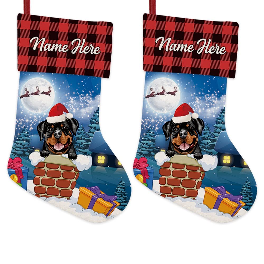BAGEYOU 2 Pack Custom Name Christmas Stocking with Funny Dog Rottweiler in the Chimney Santa Gifts Pack for Xmas Party Holiday Decoration Christmas Tree Fireplace Hanging 14.4"