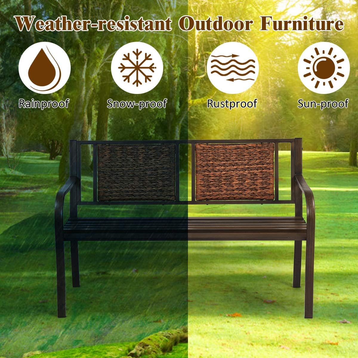 S AFSTAR Outdoor Garden Bench, Brown, Iron, Metal, Polyethylene, Rattan, 50.5 in Width, 2 Adults