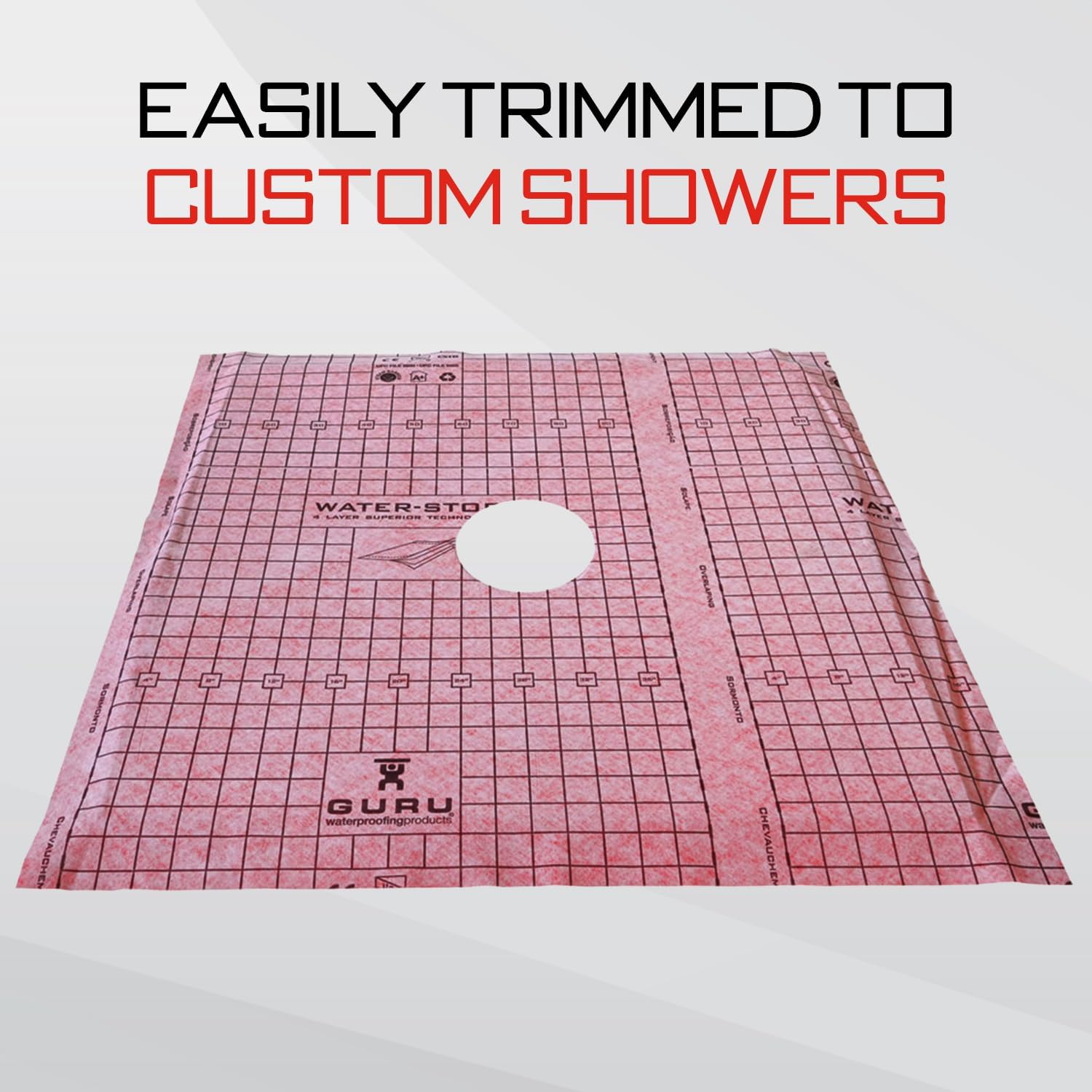 GURU USA W-S Heavy Duty Shower Tray for Square Drain, Bathroom Shower Pan Kit with Pre-Sloped Shower Base & Waterproofing Membrane, 48” x 48”, Four Slopes, Center Drain