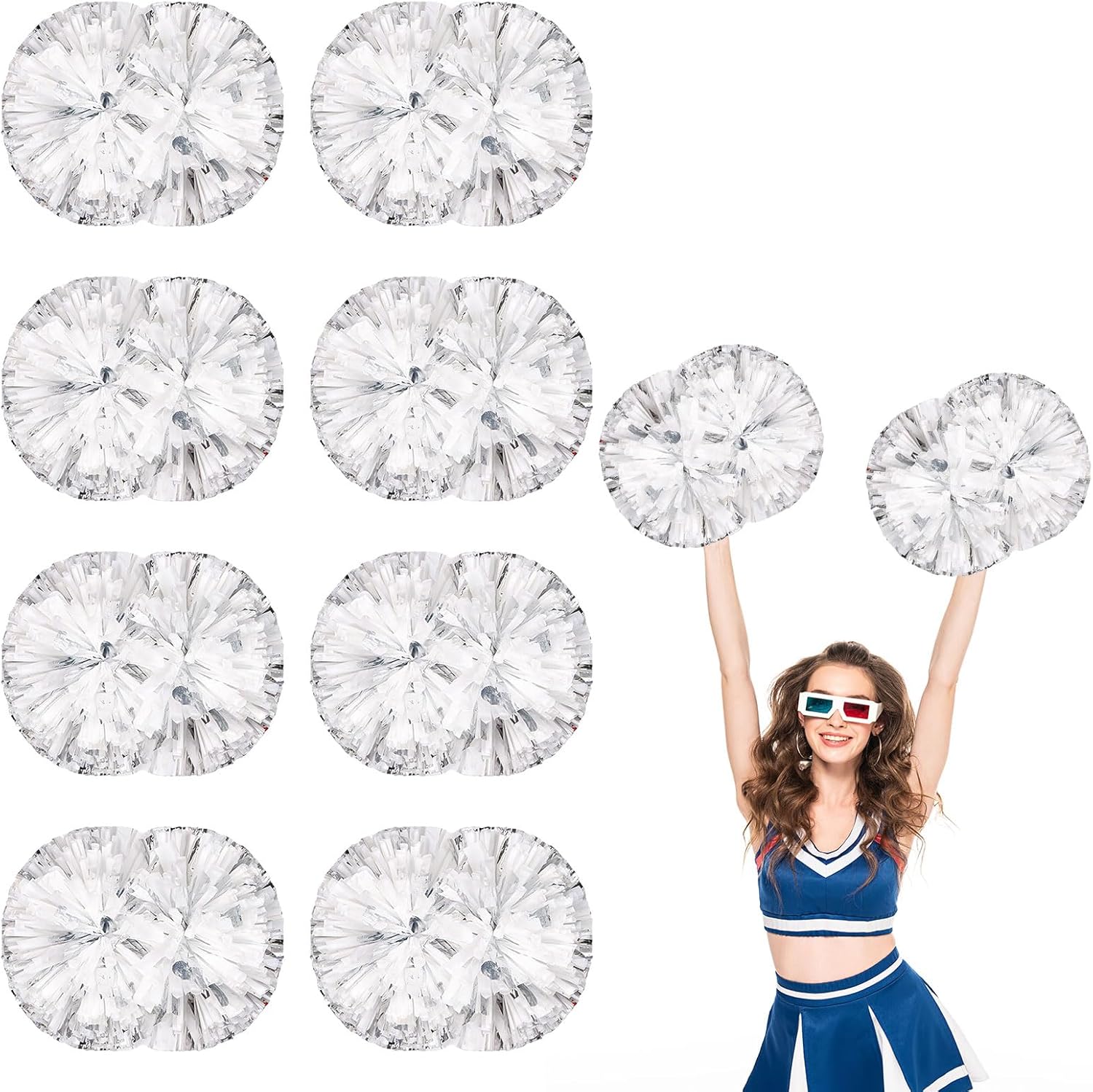 8 PCS Metallic Cheerleading Pom Pom for Team Spirit Sports Dance Cheering Kids Adults-Handle Style (Mixed Rose Red)