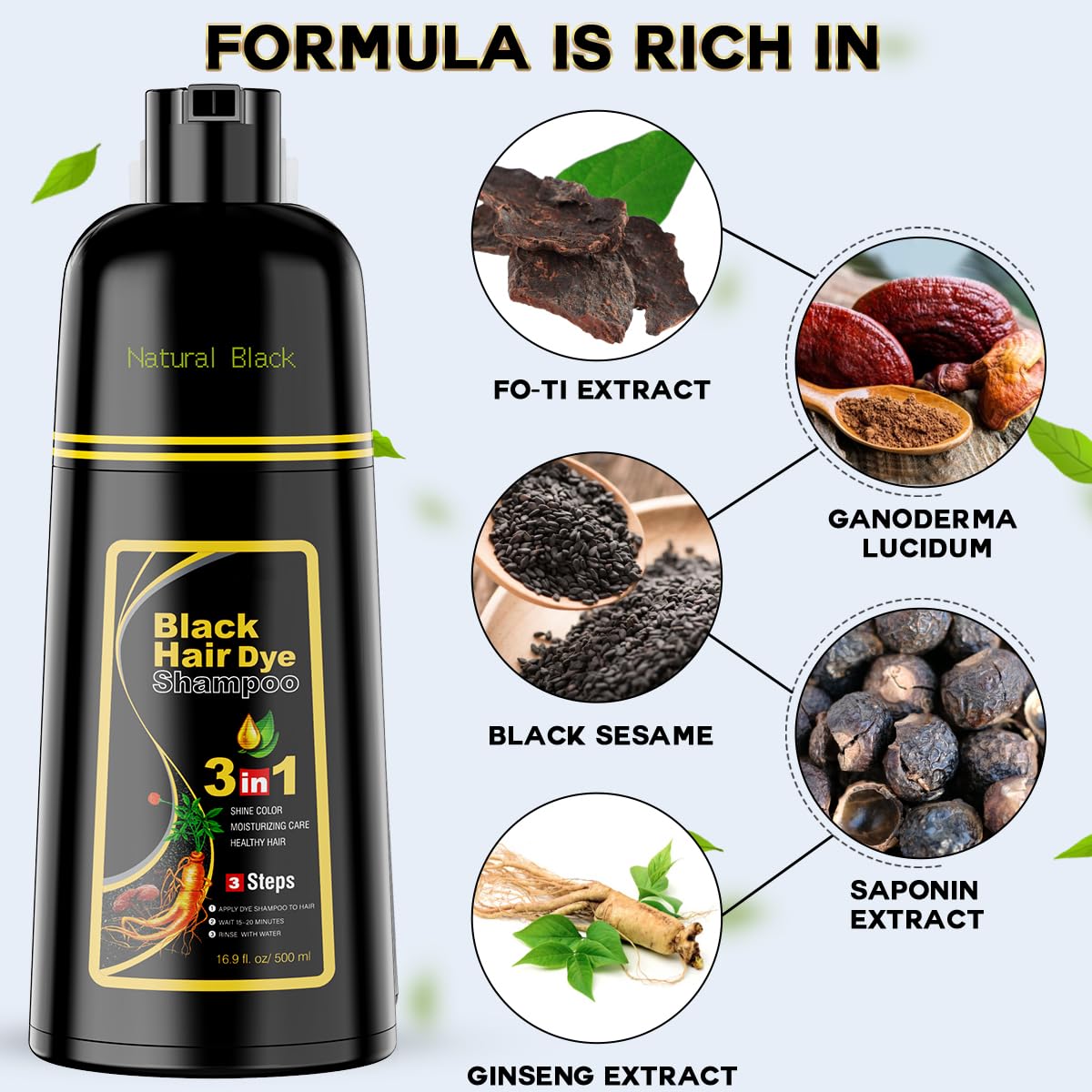 Black Hair Dye Shampoo 3 w 1, ziołowy szampon do pokrycia siwych włosów, kolor dla kobiet i mężczyzn (naturalna czerń)