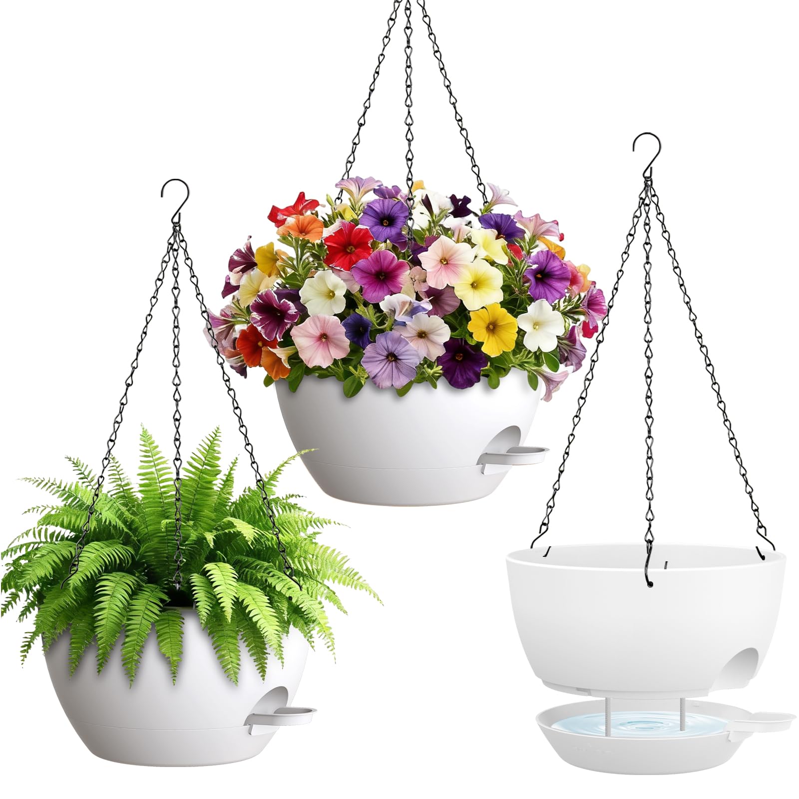 UOUZ Set of 3-10 Inch Self Watering Hanging Planters for Indoor Outdoor,Hanging Plant Pots with Drainage & Removable Tray, Hanging Pots for Pothos Plant, Spider Plants, Ferns, Balcony & Patio, White