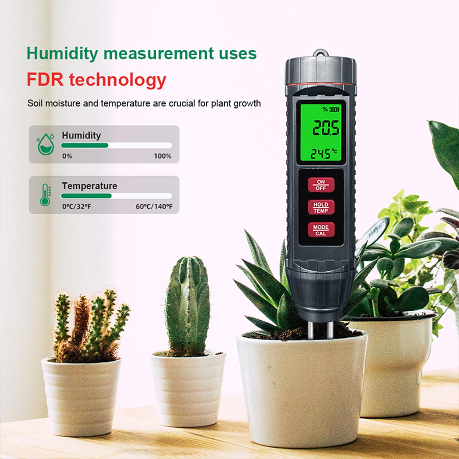 Misuratore di temperatura del suolo portatile per applicazioni in agricoltura e giardino, tester compatto di conducibilità del suolo con rilevamento della temperatura dell'umidità in serre, laboratori