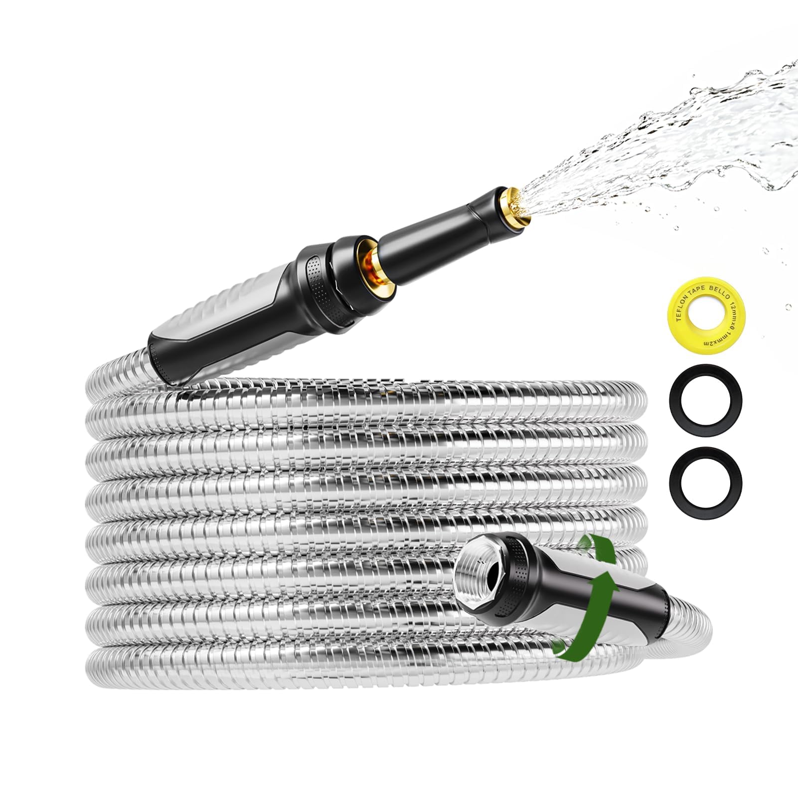 SPECILITE 25ft 304 Stainless Steel Garden Hose with Swivel Handle Nozzle