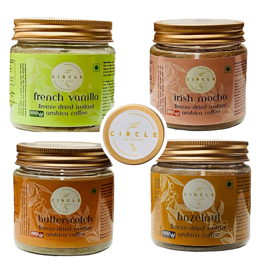 The Circle Of Aroma Signature Freeze Dried Instant Coffee Combo Pack of 4 flavors- French vanilla, Irish Mocha, Butterscotch & Hazelnut |100% Arabica, Rich Aroma & No Added Sugar | Each pack contains 50g (B0D2NZMK82) Amazon Price History, Amazon Price Tracker