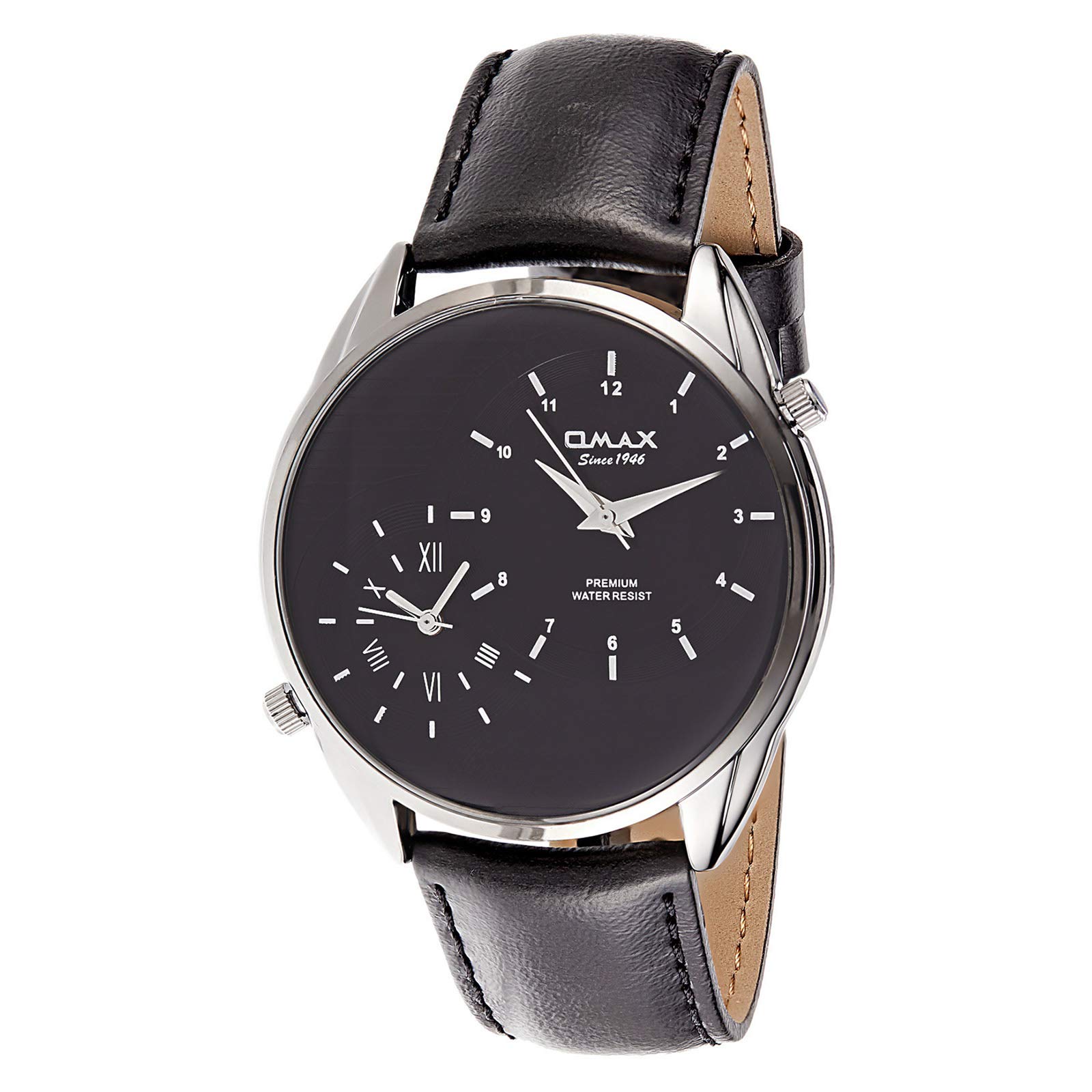 Buy Omax S002N221 Men's Black Leather Band Black Dial Dual Time Zone