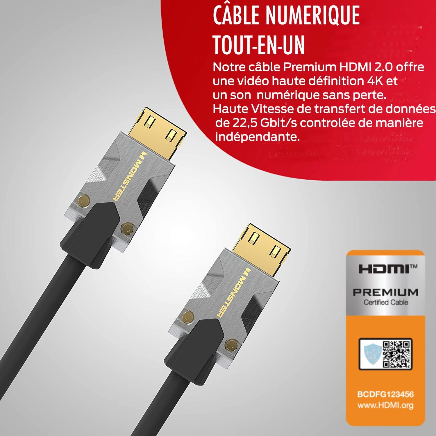 MONSTER - Câble HDMI - Résolution 4K - Vidéo HDR10-22,5 GBPS - Vitesse Éclair - Connecteurs V-Grip - Triple Blindage - 1,5 Mètres - Garanti à Vie - Noir
