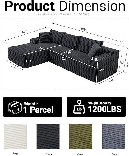 Miniatura 2 de Cloud - Sofá modular moderno con asiento profundo, sofás de pana sin hueso con diván en forma de L para sala de estar, no requiere montaje (negro,