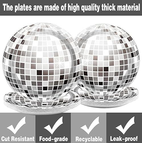 Miniatura 5 de Juego de 98 piezas de suministros de fiesta de disco con purpurina de los años 70, camino de mesa de bola de discoteca, platos de papel, servilletas