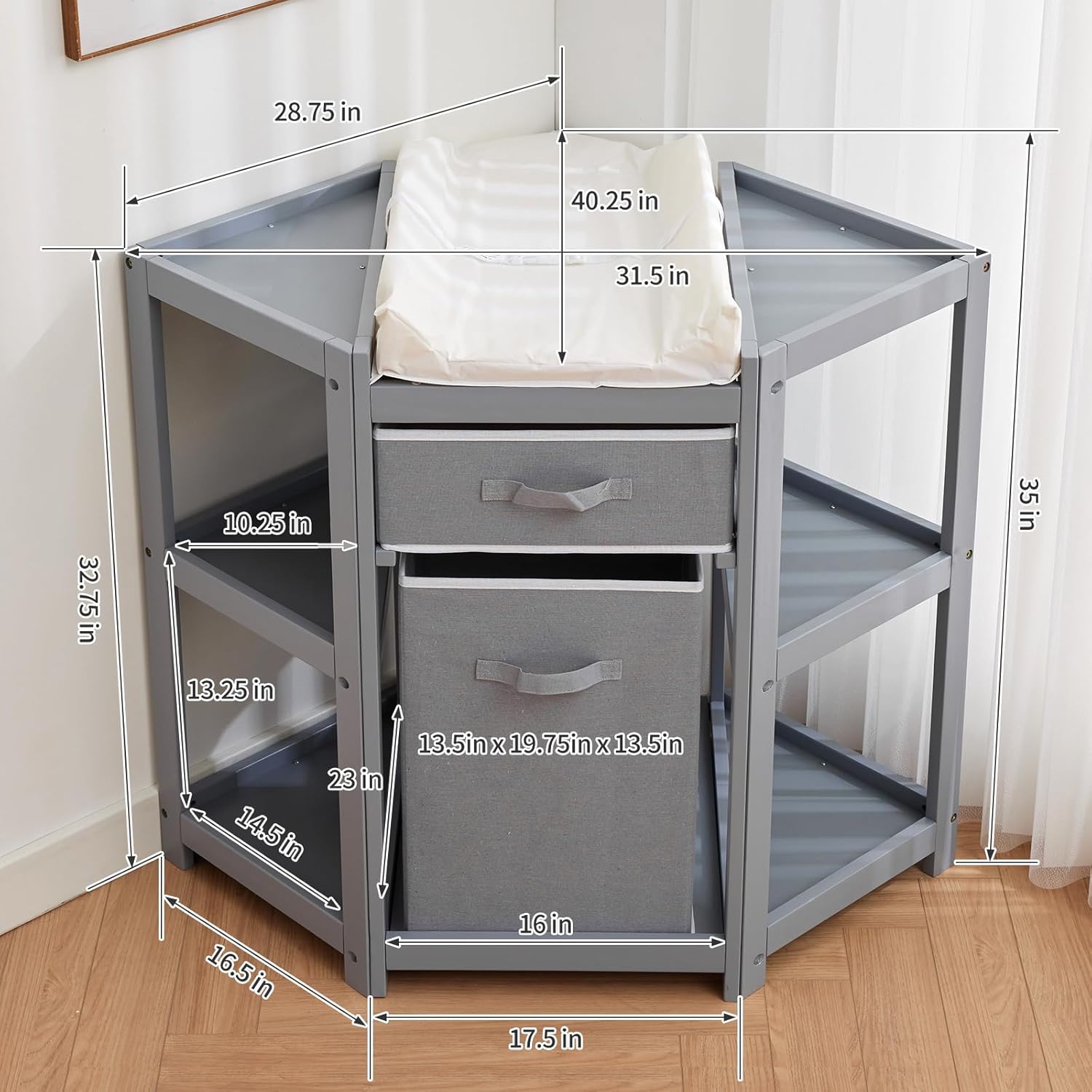 GarveeLife Corner Diaper Changing Table, Baby Diaper Changing Station with Storage Drawer and Laundry Hamper, Multi-Functional Changing Table Organizer with Pad for Newborn Infant, Gray