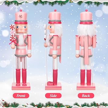 LIOOBO Pink Nutcracker Christmas Decor 14-Inch Traditional Wooden Nutcracker Figures Ornaments Christmas Decorations for Shelves and Tables Collectible Decor
