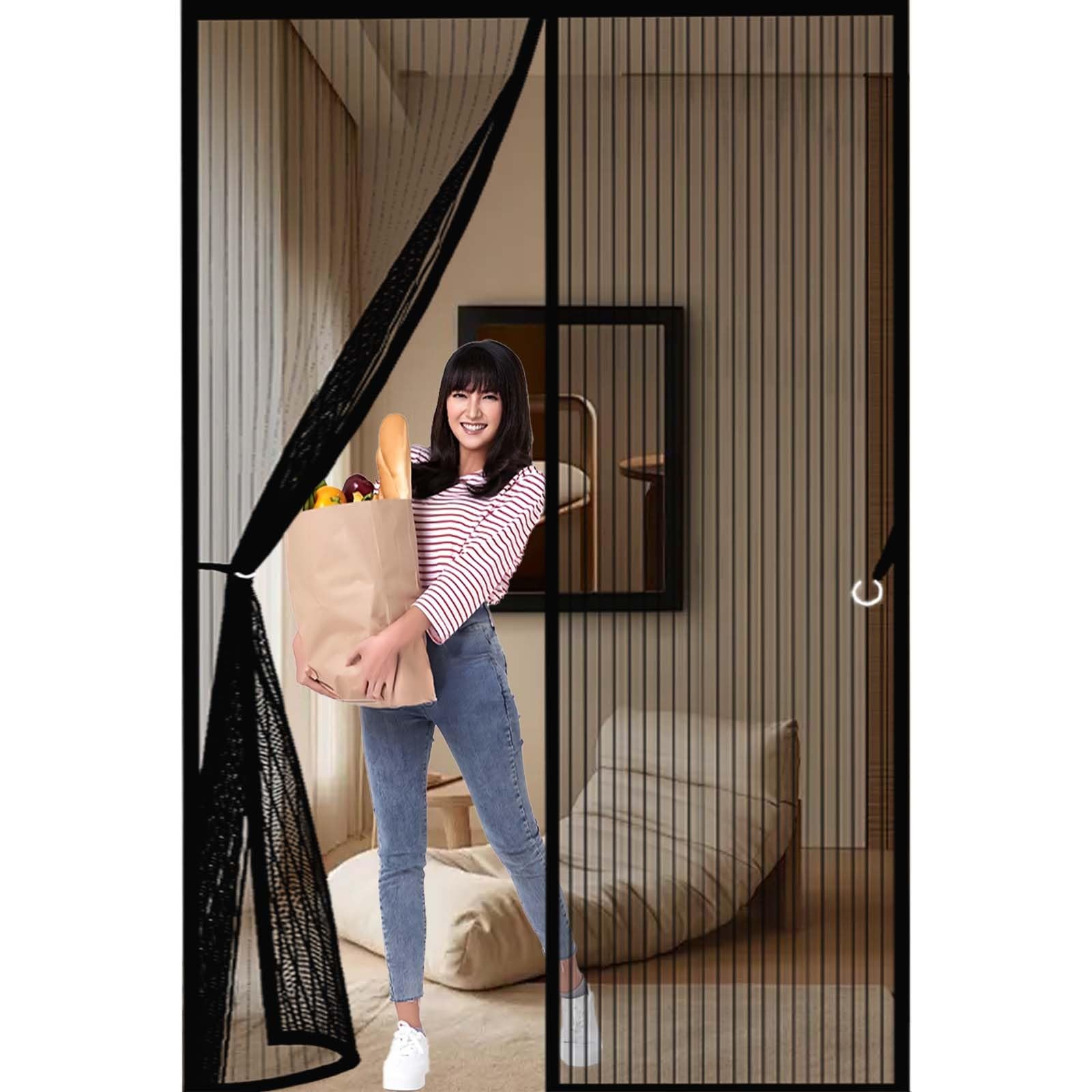Feijdon Black Door Fly Screen 100X210cm(Widthxhigh) Durable, Keeps Bugs Out, Kid And Pet Friendly Magnetic Fly Screen Door Curtain Hundreds Of Sizes, Lets Fresh Air In,