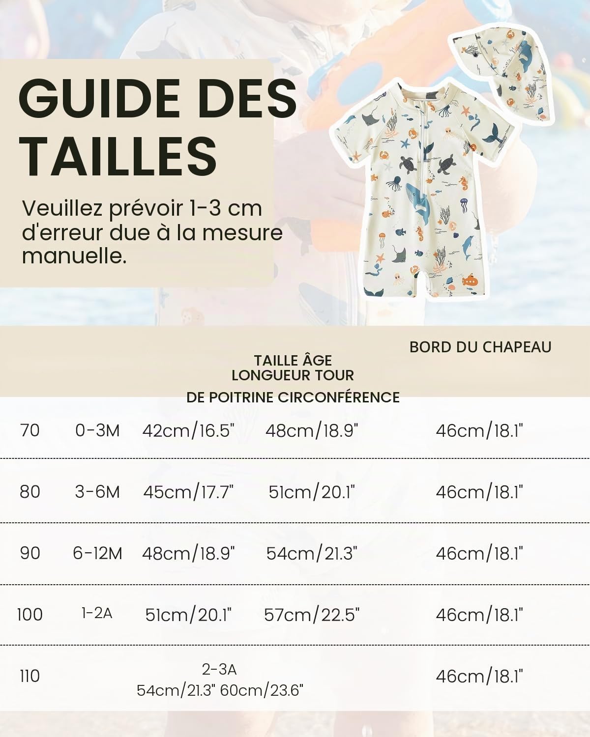 WYTbaby Maillot de bain pour bébé - Vêtement UV - Une pièce - Manches courtes - Protection UV - Pour bébé garçon - Avec chapeau de soleil
