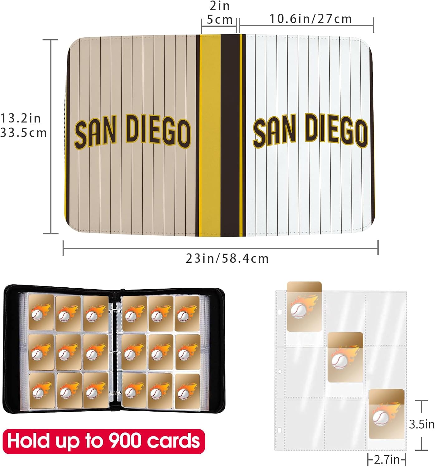 Baseball Card Binder with Sleeves 900 Pocket, San Diego Baseball Trading Card Holder Collector Album Sports Trading Card 3 Ring Binder Storage Book Folder Case