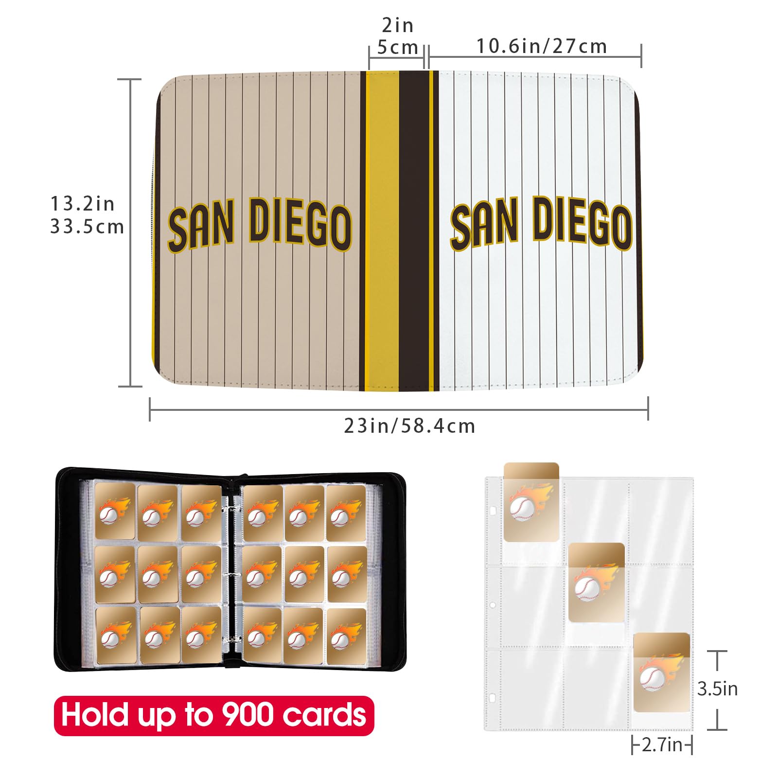SDYGJS Sammelkarten-Baseball-Kartenbinder mit Ärmeln, 900 Taschen, San Diego Baseball-Sammelkartenhalter, Sammelalbum, Sport-Sammelkarte, 3-Ringbuch, Aufbewahrungsbuch, Ordner, Hülle