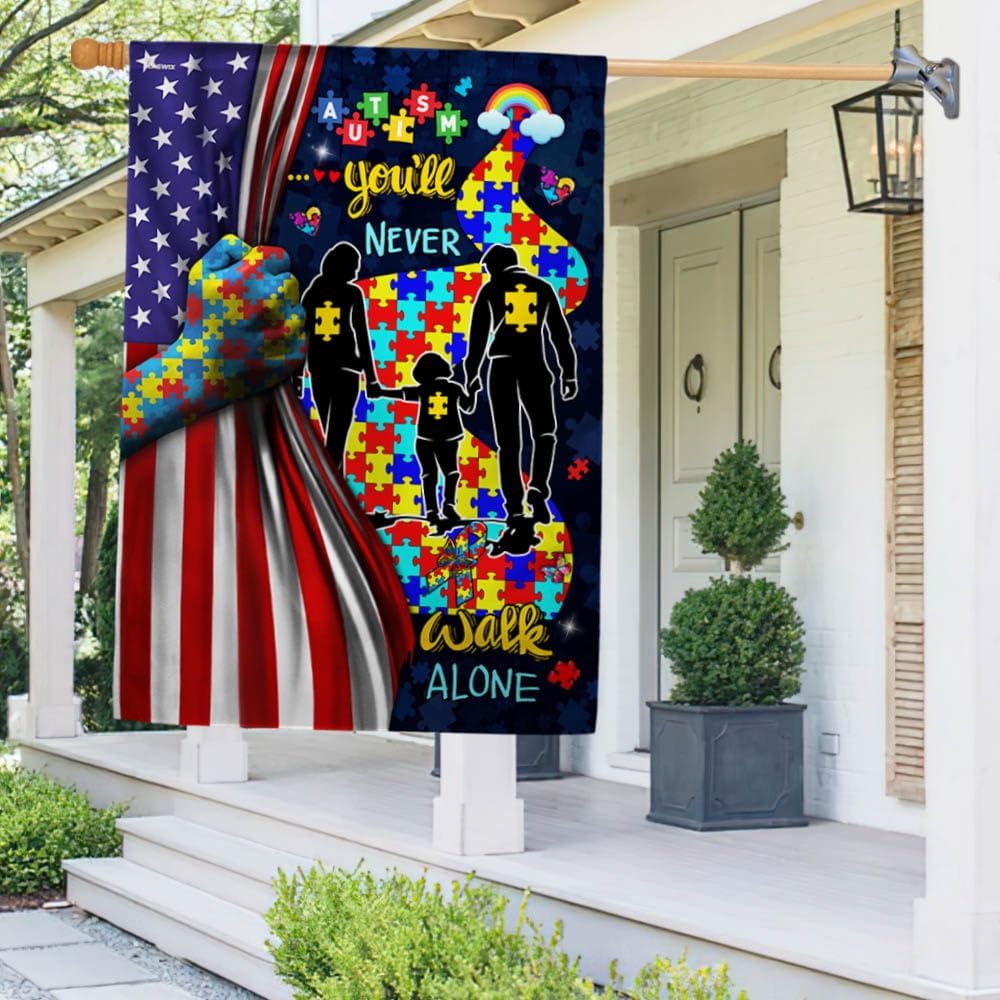 American Flag-You'll Never Walk Alone. Autism Awareness Flag, House Flag (29.5" x 39.5")-USA Flags Premium Polyester-Decorative Indoor Outdoor Flag