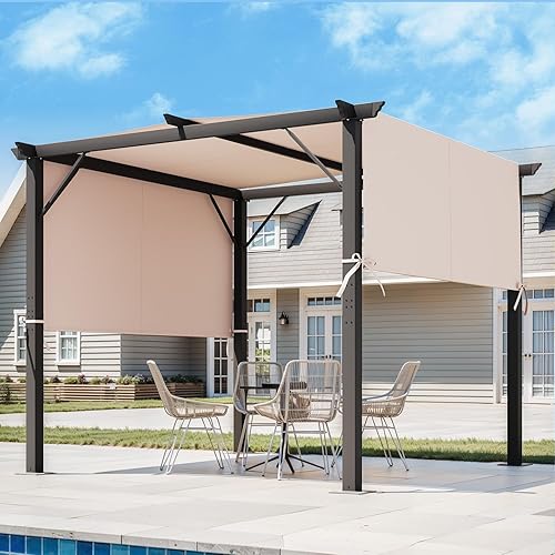 MELLCOM Pérgola para exteriores de 10 x 10 pies, refugio independiente de metal con parasoles laterales ajustables, toldo para patios, patio Beige