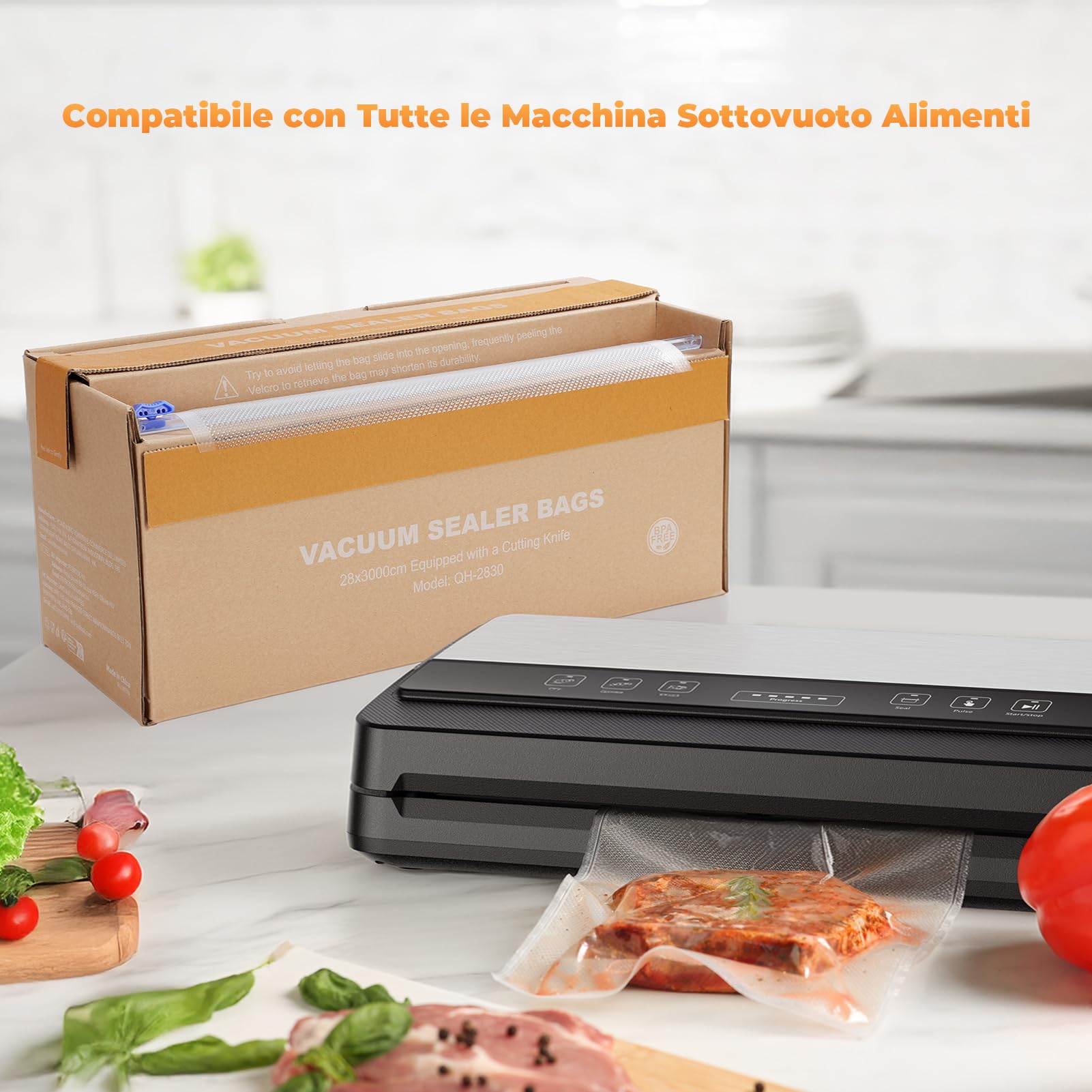 Sacchetti Sottovuoto Alimenti Rotoli 28x3000cm con Taglierina, Goffrato Sacchetti Sottovuoto Senza BPA, per Congelatore, Sous Vide Cottura e Macchine Sottovuoto