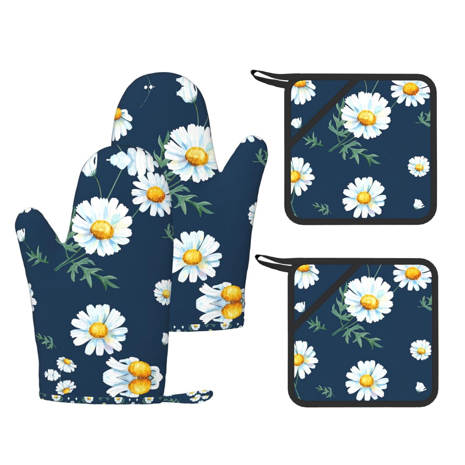 daisy' Trendy Printed Kitchen Set with Heat Resistant Gloves & Non-Slip Hot Pads for Baking & Grilling