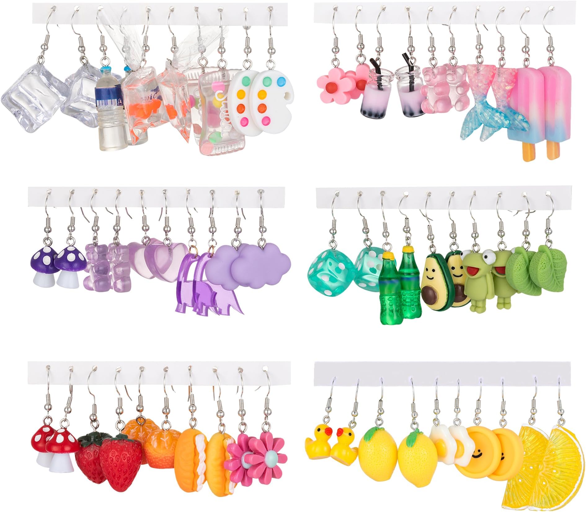 30 Pairs Weird Cute Funny Fun Dangle (or Clip on) Earrings set for Women Unique Bear Duck Mushroom Fruit Flowers Food Animal Drop Dangle Aesthetic Earrings Gifts for Women