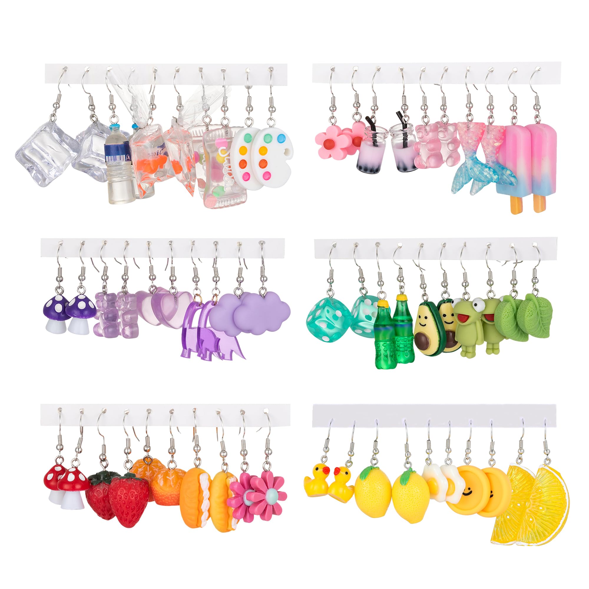 30 Pairs Weird Cute Funny Fun Dangle (or Clip on) Earrings set for Women Unique Bear Duck Mushroom Fruit Flowers Food Animal Drop Dangle Aesthetic Earrings Gifts for Women