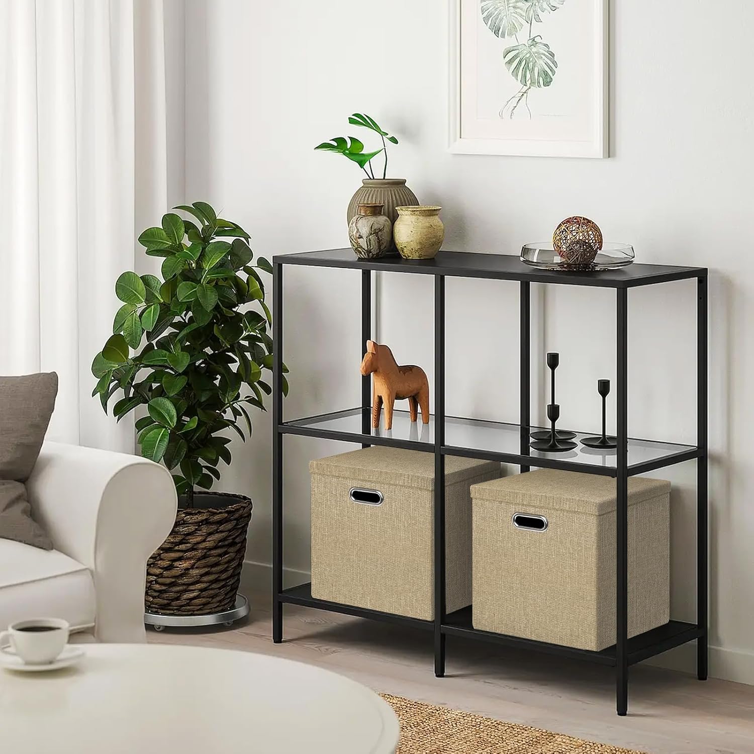 Linen Storage Bins with Lids,13 x 13 Inch Foldable Fabric Cube Baskets Boxes Organizer for Closet, Shelves, and Home. (Khaki, (13x13) 3 pack)