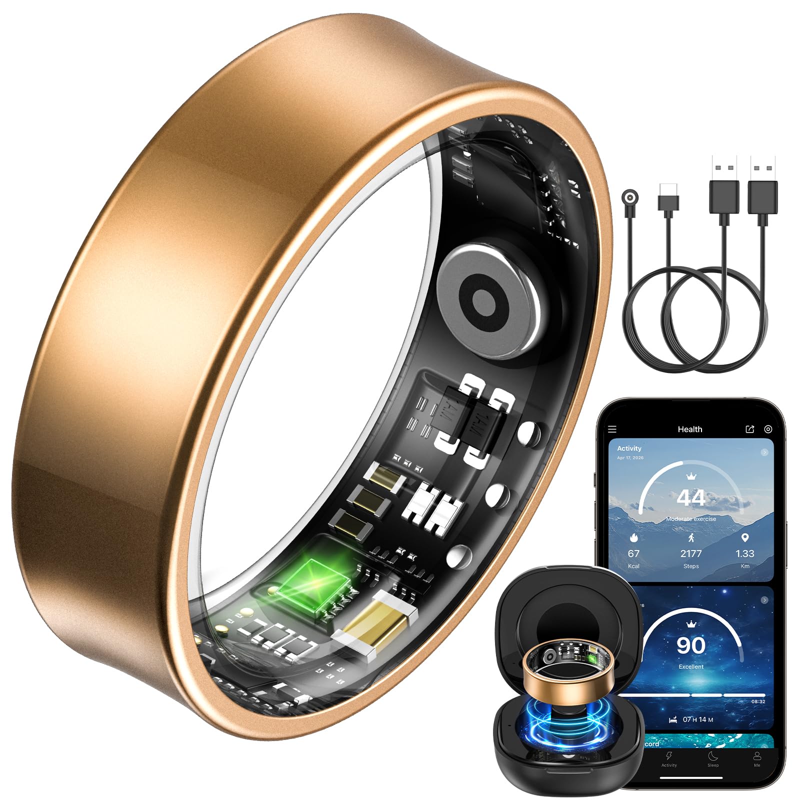 Smart Ring für Herren Damen, Fitness Ring mit 24/7 Herzfrequenz HRV SpO2 Schlaf Temp, 176 Sportmodi, IP68 Wasserdicht, APP kein ABO, für Android iOS (Gold, 57.5mm)