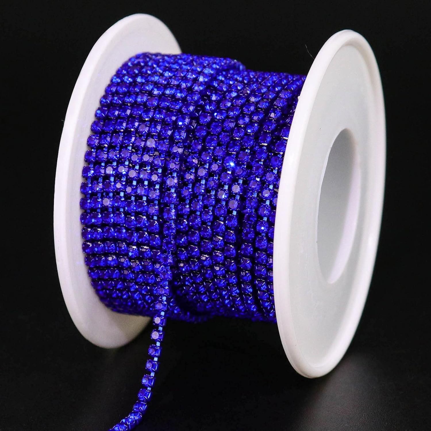 DeLush 1 Roll 10 Yards Rhinestone Chain – 2mm Crystal Close Cup Chain Trim, Sew-On Claw Rhinestones for DIY Crafts, Dresses, Jewelry Making, Decorations (Pack of 1) (Sapphire/Dark Blue)