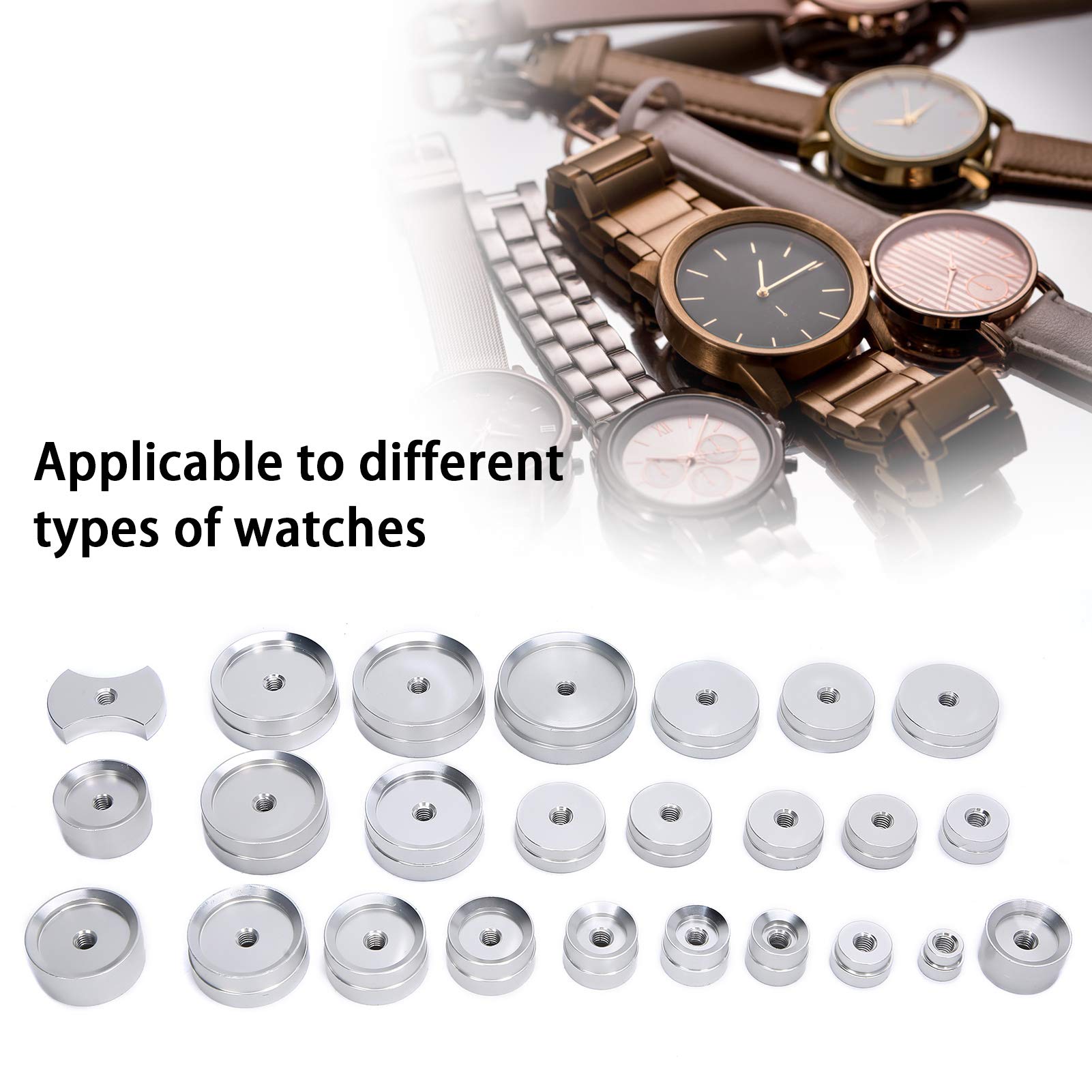25PCS Tappatrice per orologi Pressa per stampi in lega di alluminio Set di chiusure per fondello dell'orologio per orologiaio Orologio da polso Chiusura della copertura