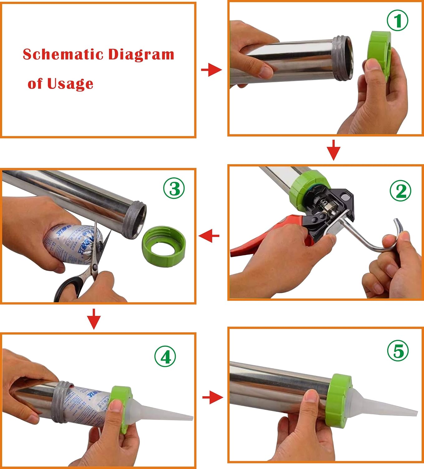 Professional Sausage Caulking Gun, Gold Aluminum, 19 Inch, Heavy Duty Manual Applicator with Drip-Free Design for Window, Door, Tile Installation (2 pieces)