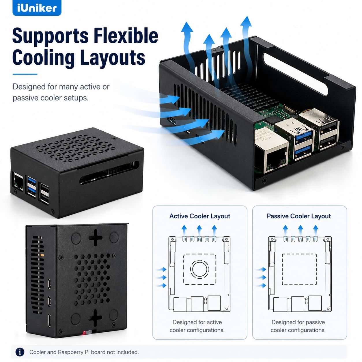 Custodia in metallo per Raspberry Pi 5, supporto Pi 5 Active Cooler, spazio per cappelli, schede aggiuntive, refrigeratore e cappelli NVMe (nero)