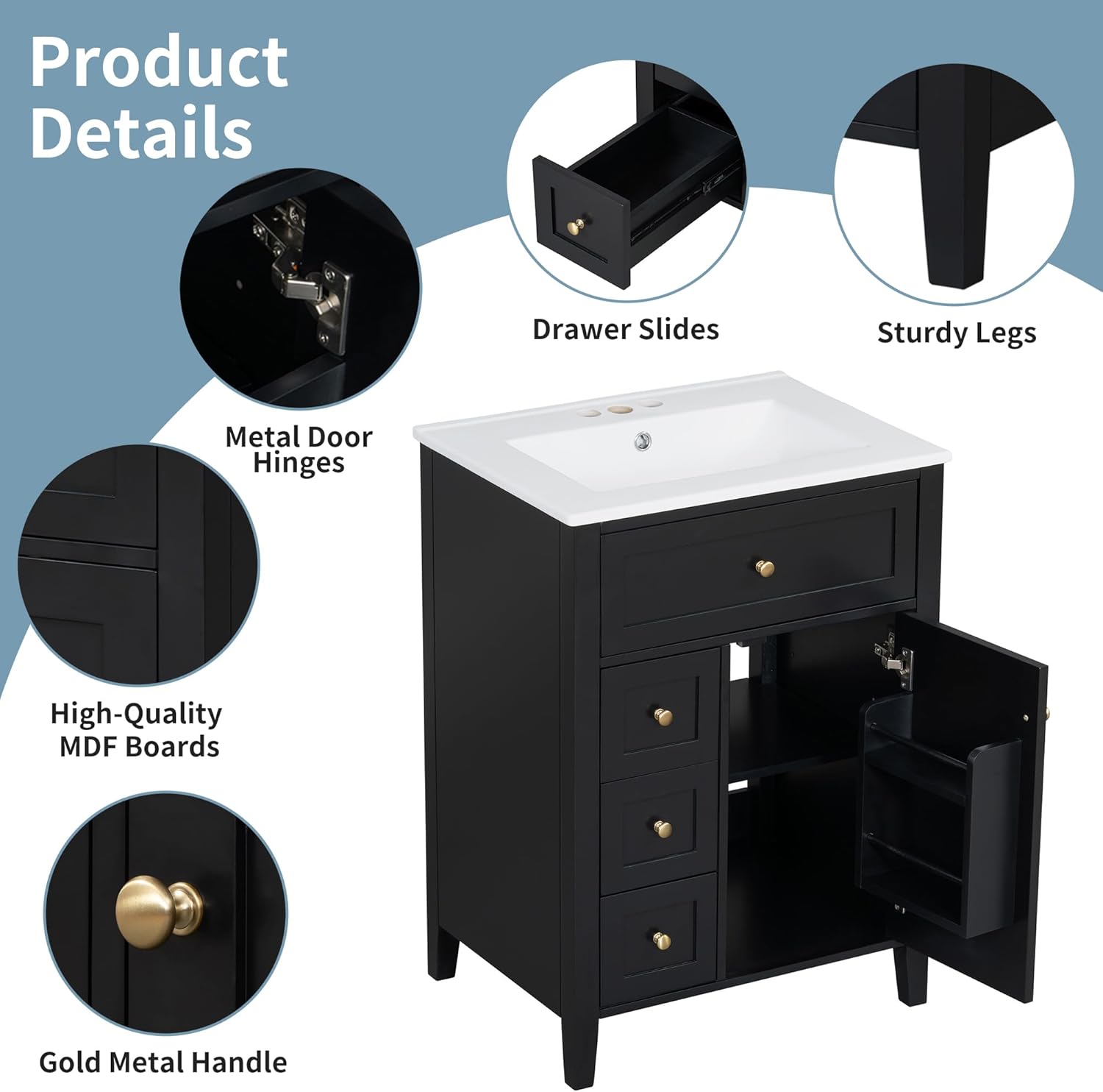 Merax 24" Bathroom Vanity with Sink, MDF & Rubberwood Construction, 3 Drawers & Cabinet with Adjustable Shelves, Modern Design for Small to Medium Bathrooms, Black