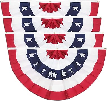 4 Pack USA Pleated Fan Flag, 3x6 Ft American US Flag Patriotic Bunting Stars and Stripes Banner with Canvas Header and Brass Grommets for 4th of July Memorial Day Indoor Outdoor Decoration