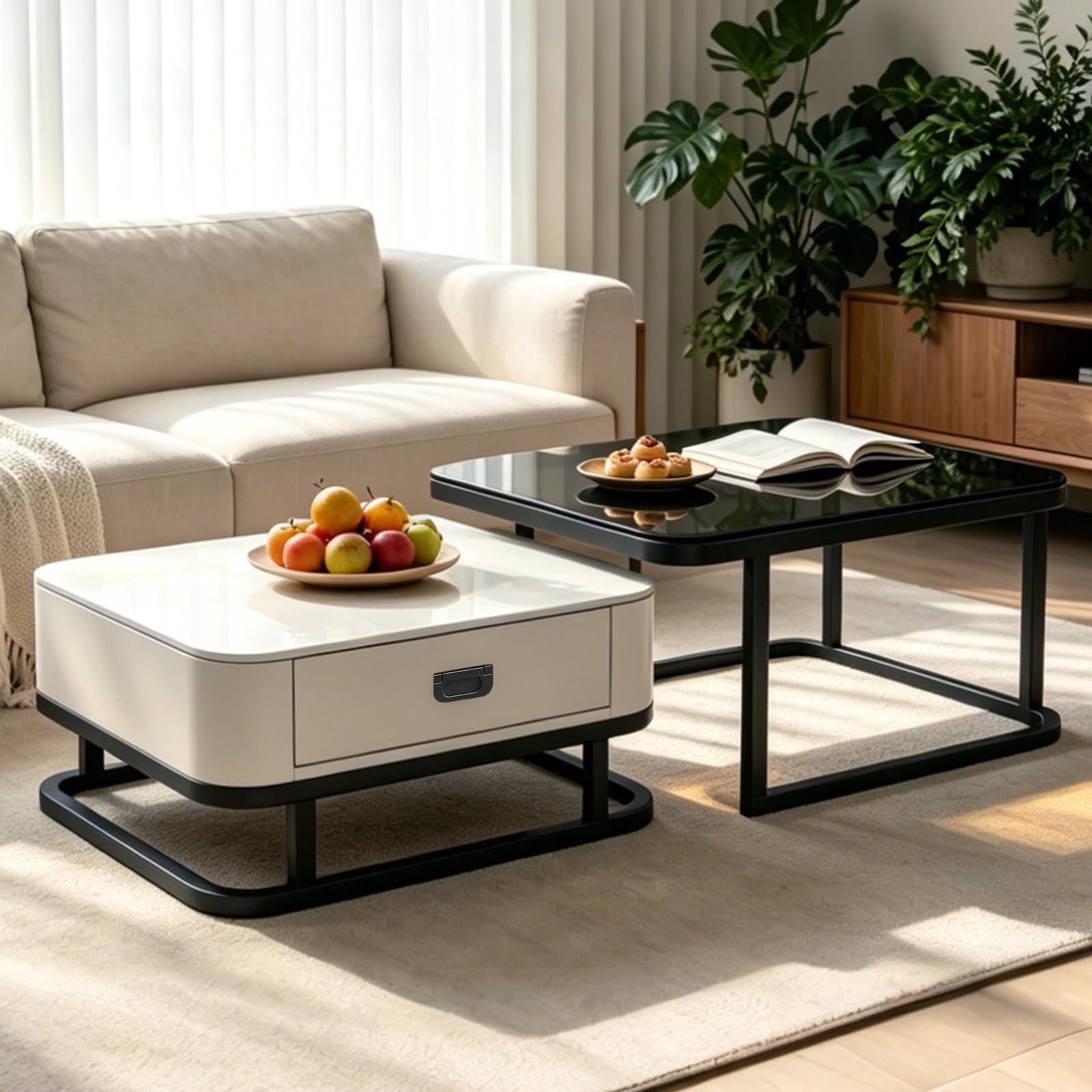 2-Piece Nesting Coffee Table Set, Side Tables with Storage Drawer, Tempered Glass & Marble Top, Minimalist Square Design, Ideal for the Living Room & Bedroom, White