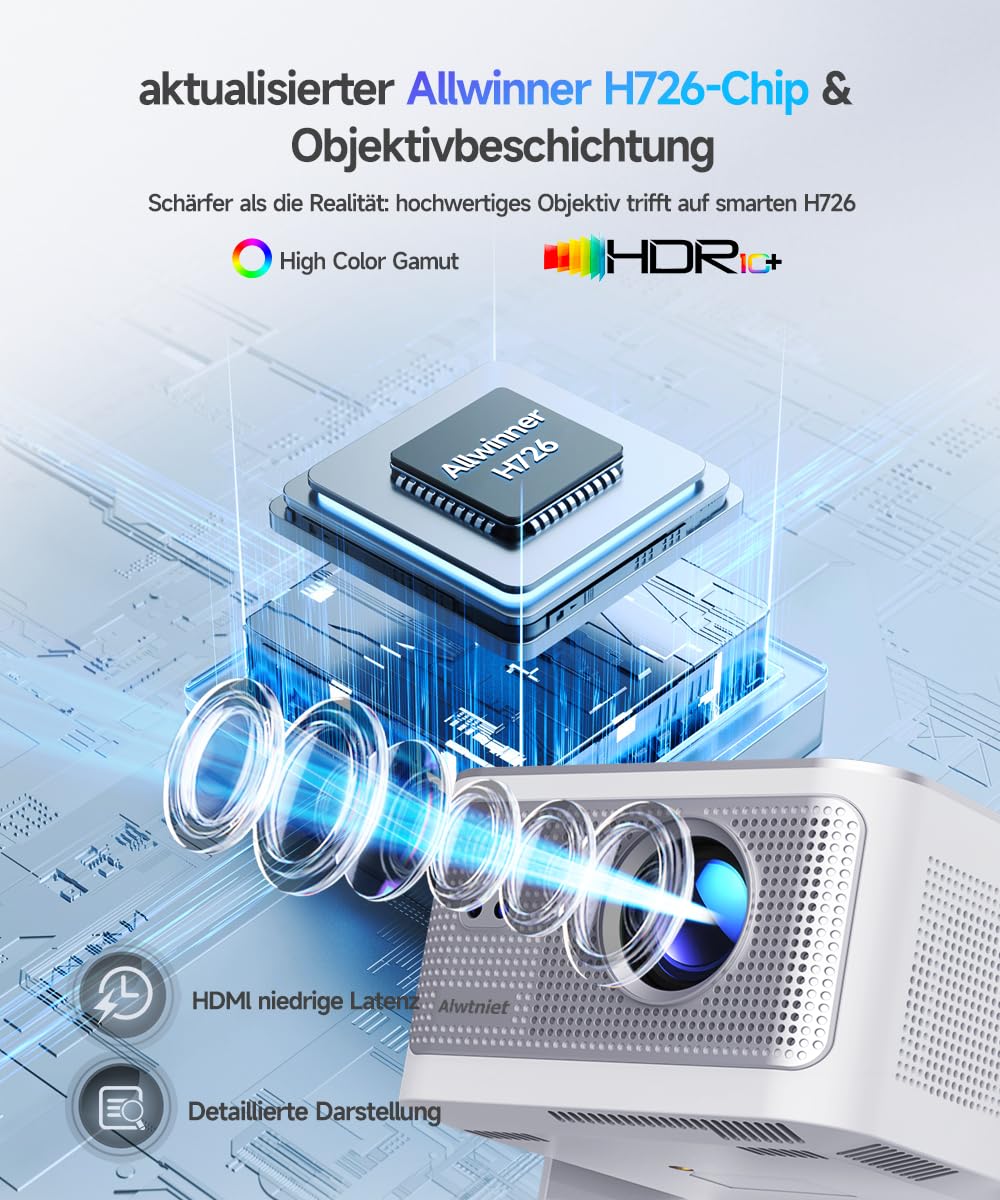 Alwtniet Mini Beamer Projektor 4K 8K Unterstützt, Full HD 1080P Smart Projector mit Android 14, WiFi 6 Bluetooth 5.4, Autofokus Auto Keystone 180°Dreh Beamer klein Heimkino Ultrakurzdistanz HY350MAX